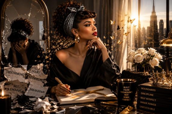 High-end editorial image of a glamorous woman seated at a desk after an emotional breakdown, surrounded by torn notes, a cracked mirror, gold butterflies, roses, books, and city light, symbolizing inner power and reinvention.