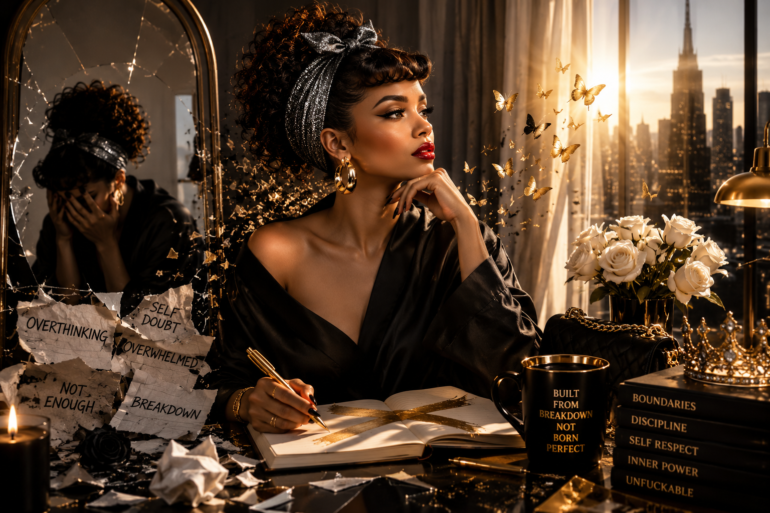 High-end editorial image of a glamorous woman seated at a desk after an emotional breakdown, surrounded by torn notes, a cracked mirror, gold butterflies, roses, books, and city light, symbolizing inner power and reinvention.