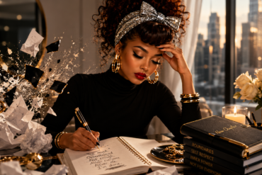 High-end editorial image of a woman writing at a desk surrounded by papers, broken pieces, candles, roses, and city light, symbolizing rebuilding life with discipline after pressure and overwhelm.