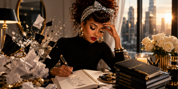High-end editorial image of a woman writing at a desk surrounded by papers, broken pieces, candles, roses, and city light, symbolizing rebuilding life with discipline after pressure and overwhelm.