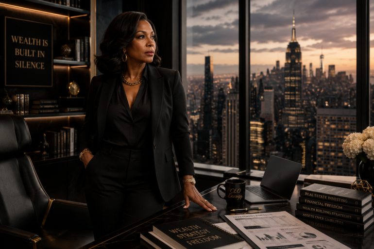 High-end editorial image of a confident Black woman standing in a luxury office overlooking a city skyline, symbolizing financial independence, wealth building, and long-term success after forty.