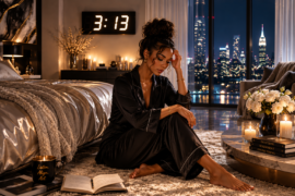 High-end editorial image of a fair-skinned Black woman sitting on the floor of a luxury bedroom at night, with candles, city lights, an open journal, and a glowing clock reading 3:13, symbolizing intuition and awakening.