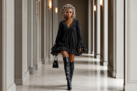 Black woman in a black dress walking through a luxury hallway.