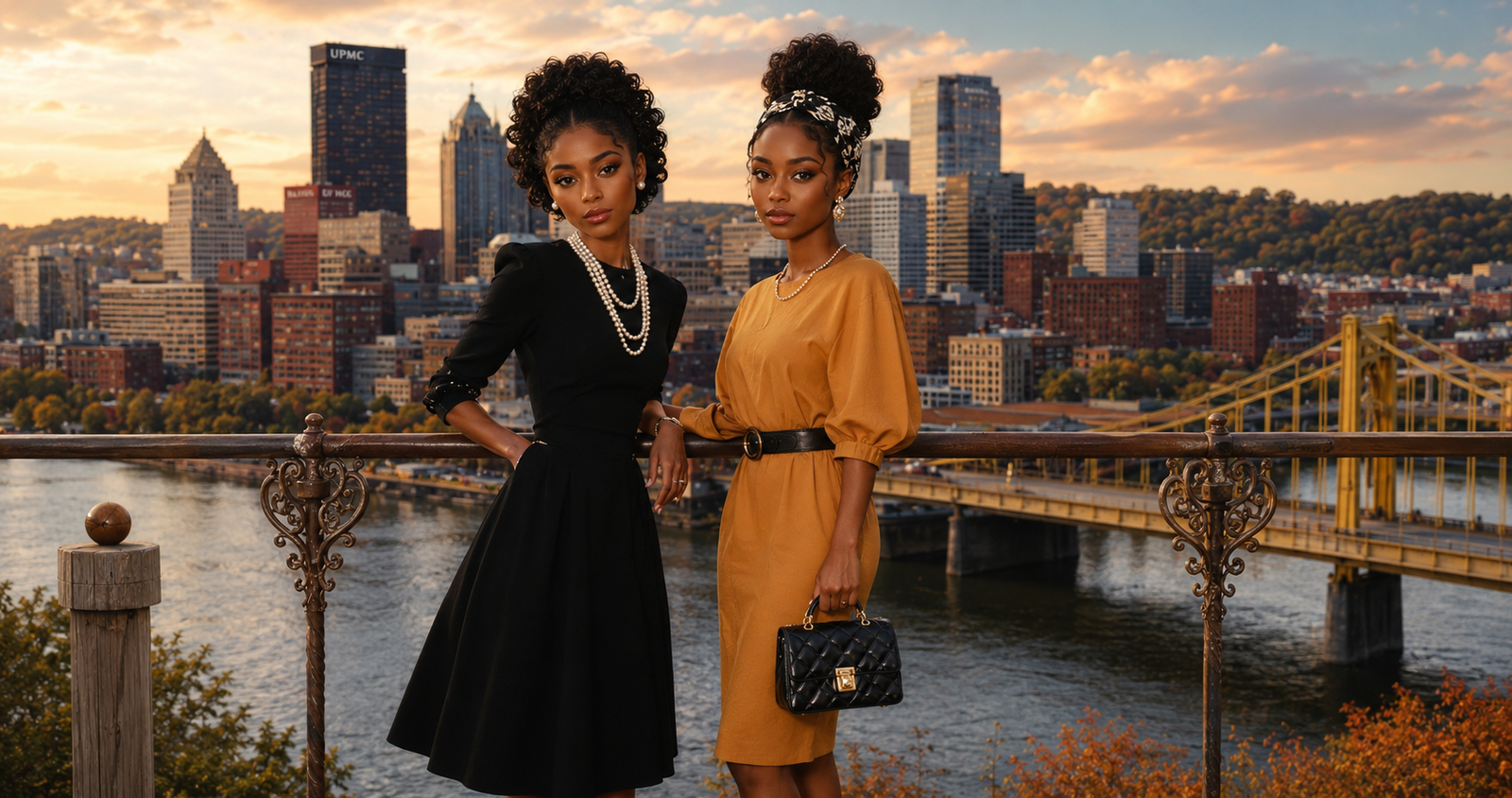 Two stylish Black women overlooking the Pittsburgh skyline at sunset, standing beside a river and yellow bridge in elegant black and gold dresses.