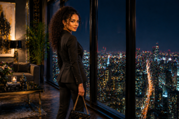 Woman in a black suit standing by a luxury high-rise window, looking back at the viewer over a glowing city skyline at night.