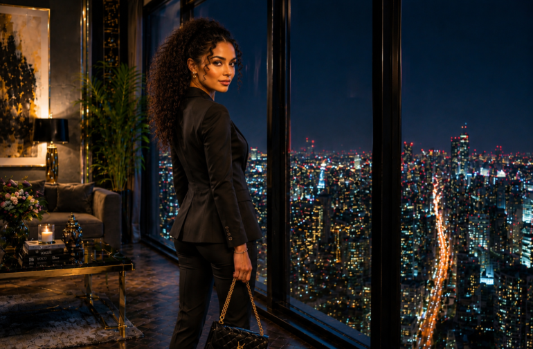 Woman in a black suit standing by a luxury high-rise window, looking back at the viewer over a glowing city skyline at night.
