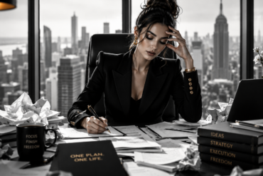 High-end grayscale editorial image of a focused woman seated at a cluttered office desk with scattered papers, strategy books, and a city skyline behind her, symbolizing idea overload turning into disciplined execution.