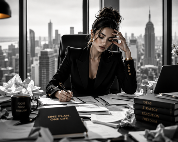 High-end grayscale editorial image of a focused woman seated at a cluttered office desk with scattered papers, strategy books, and a city skyline behind her, symbolizing idea overload turning into disciplined execution.