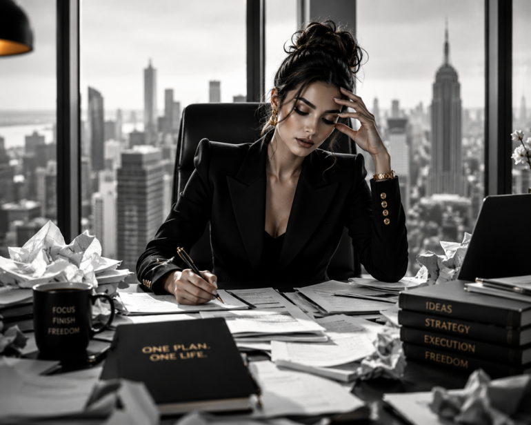 High-end grayscale editorial image of a focused woman seated at a cluttered office desk with scattered papers, strategy books, and a city skyline behind her, symbolizing idea overload turning into disciplined execution.