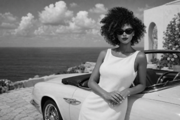 Black-and-white editorial image of a confident woman in a white dress and sunglasses leaning against a vintage convertible overlooking the ocean, symbolizing transformation, elegance, and self-command.