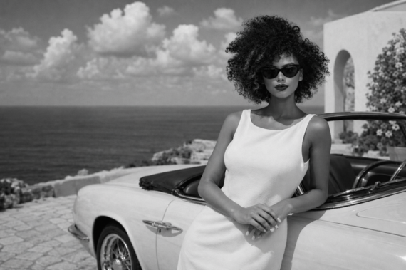 Black-and-white editorial image of a confident woman in a white dress and sunglasses leaning against a vintage convertible overlooking the ocean, symbolizing transformation, elegance, and self-command.